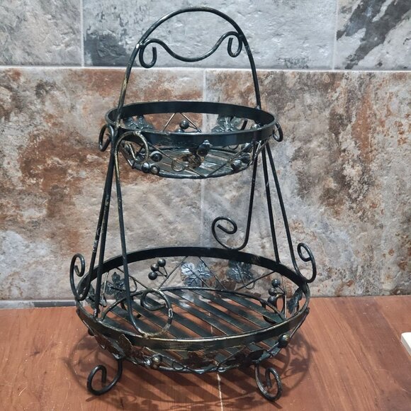 Two Tier Metal Fruit Basket Kitchen Storage Organizer 21" High Vines and Leaves - Picture 11 of 12